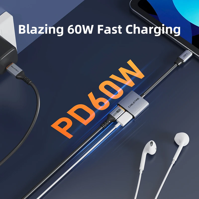 CABLETIME USB C a Dual USB C Adaptador de cargador y auriculares 2 en 1 PD 60W Cargador rápido Adaptador de aluminio Hi-Fi para IPhone HUAWEI