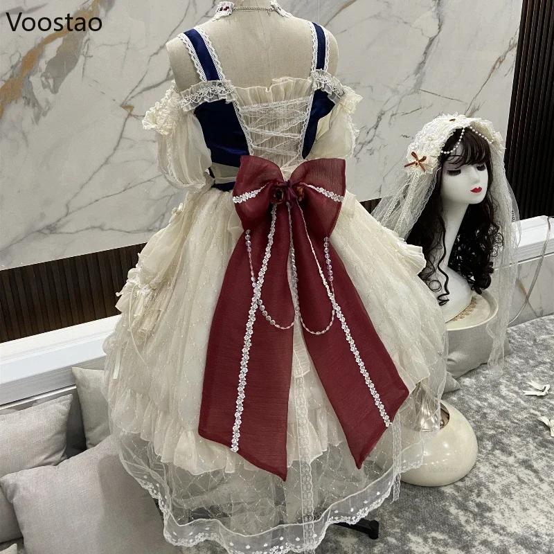 Japońska słodka sukienka księżniczki Lolita kobiety elegancka kokardka w stylu vintage Off ramię koronkowa siatka perłowa suknie wieczorowe ubrania Lolita