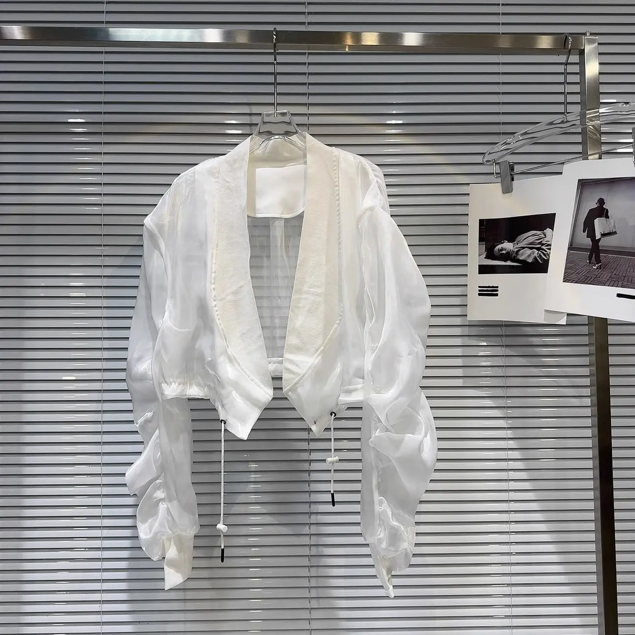 2025 summer new sweet and spicy threaded edge drawstring solid color glass silk mesh yarn sunscreen short jacket female