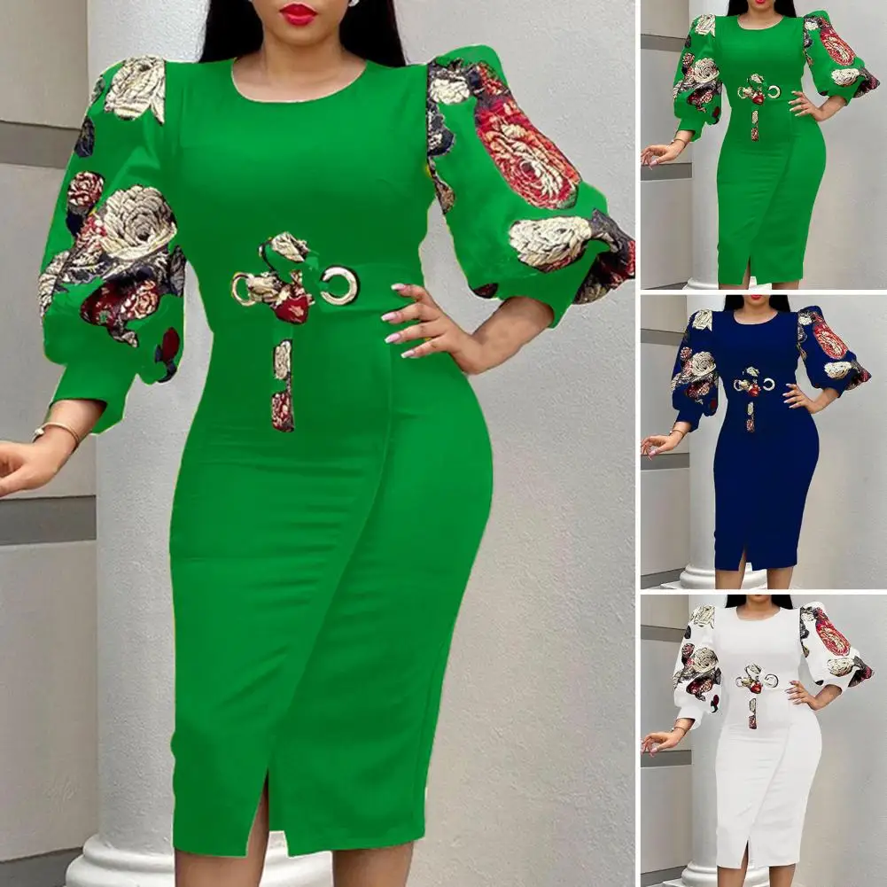 

Dressing Up Mid-Calf Women Embroidery Floral Print Waist Lace-up Pencil Dress Daily Clothing