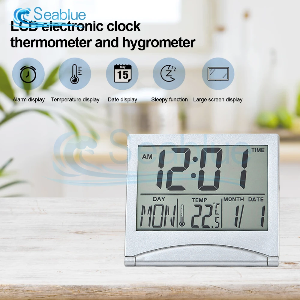 Foldable Desktop LCD Digital Travel Clock Thermometer Humidity Meter Alarm Clock Desk Table Weather Station Temperature Sensor