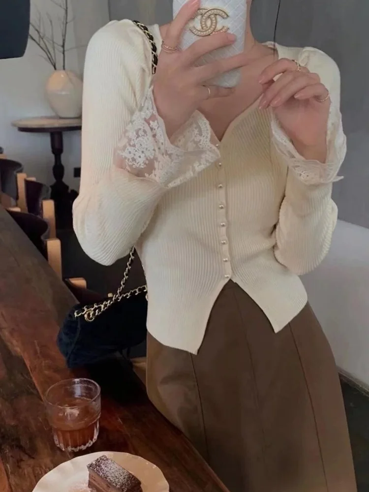 Women's V-ne Knitted Sweater Lace Patchwork Autumn Winter Faion Classy Base Layer irt 2024 New Arrival Slim Fit Long Sl...