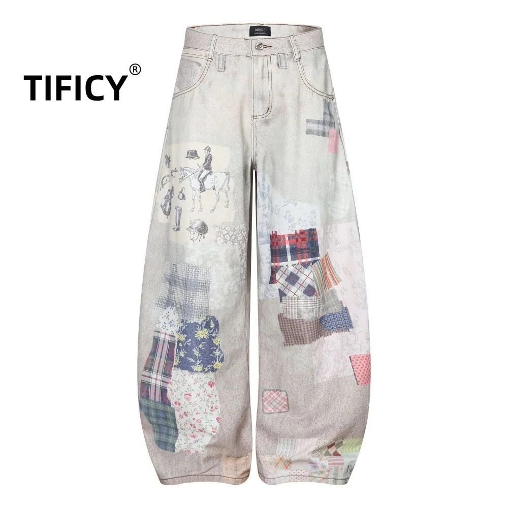High Street Jean Pants Women's Retro Street Creative Patchwork Print Curved Knife Denim Pants Unisex Loose Fit Wide Leg Pant