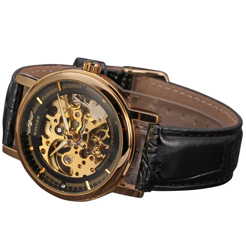 WINNER Fashion trend men's and women's watches leather strap black dial automatic mechanical watches