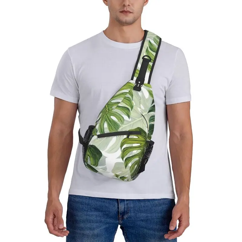 Monstera Leaf Tropical Plants Pattern Sling Crossbody Chest Bag Men Summer Botanical Leaves Shoulder Backpack for Traveling