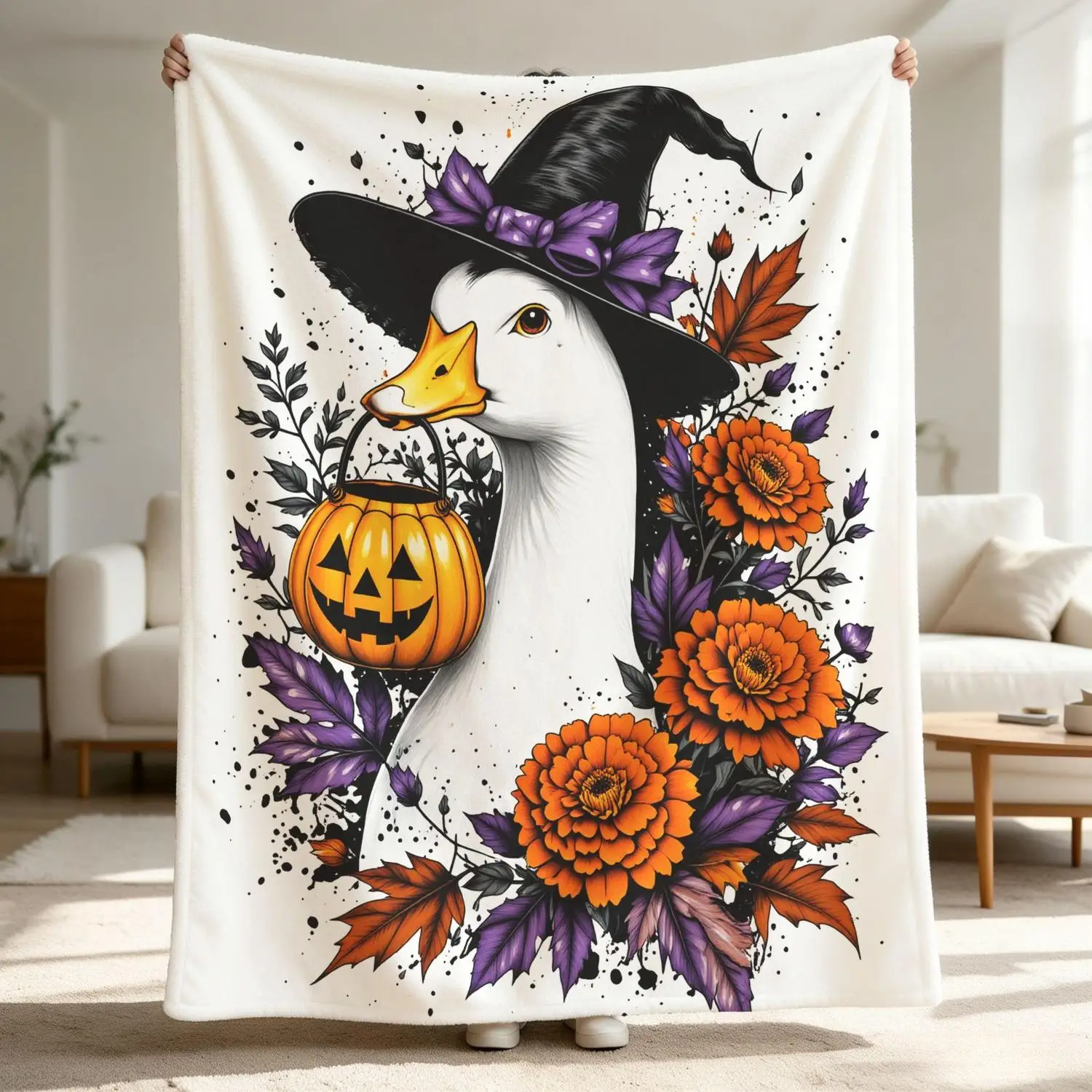 [Flannel Blanket] Halloween Witch Goose Blanket, Gothic Pumpkin Floral Pattern Blanket, Orange-Purple Spooky Autumn Bedding Gift