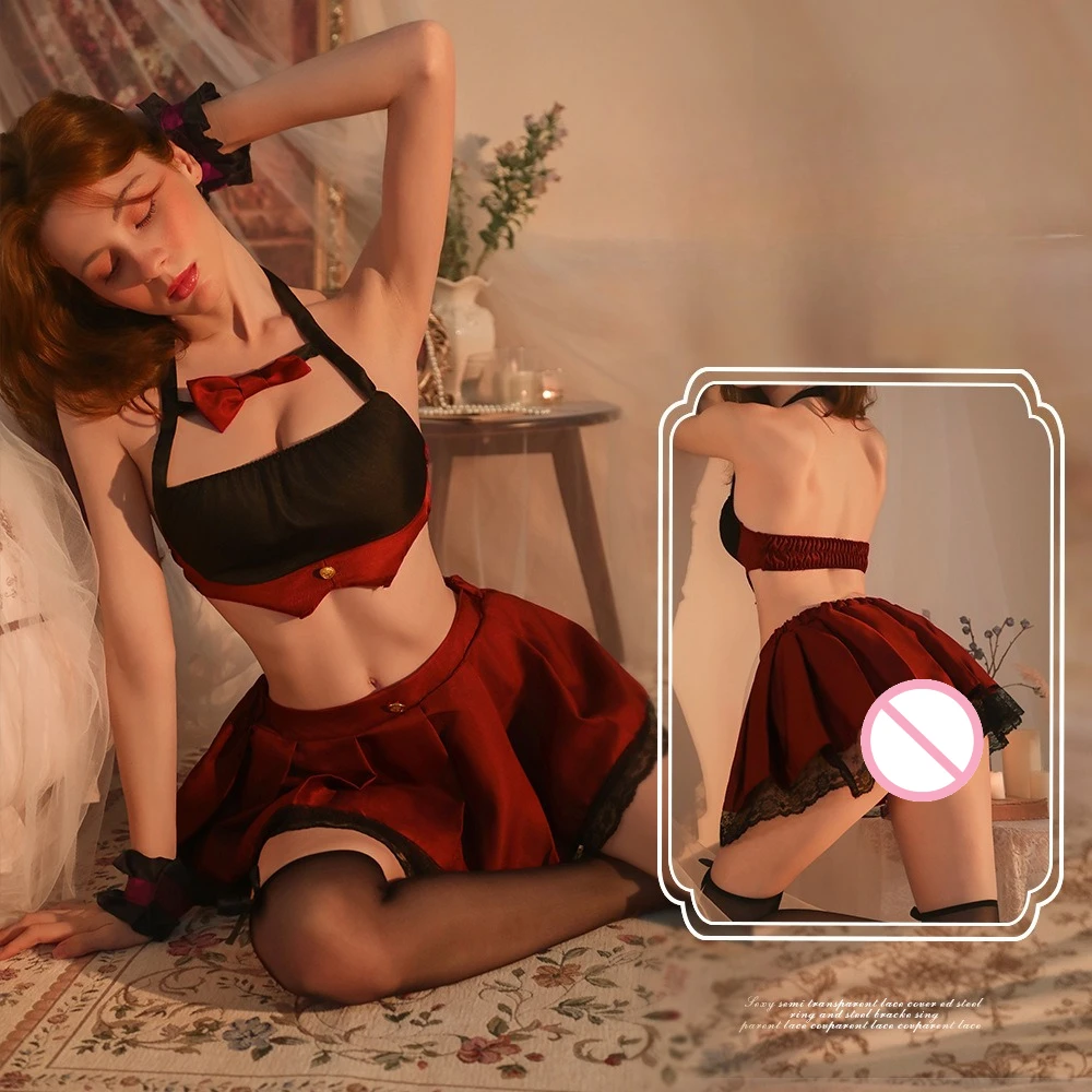

Sexy JK School Uniform Set - Cute Pleated Skirt with Halter Neck Lingerie, Role Play Costume for Women