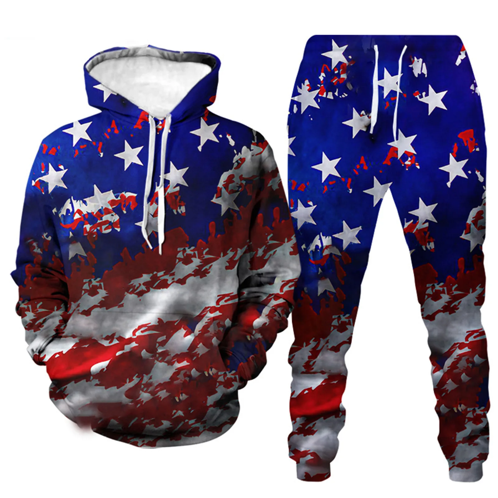 3D American Flag Impresso Tricô para Homens e Mulheres, Hoodie e Calças, Sportwear, Cool Men's Clothing, Outono, Inverno, 2 pcs