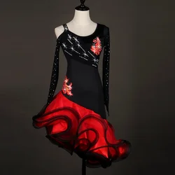 2026 Red Latin Dance Competition Costume Sexy New Adult Wear Women Midi Dress Ballroom Clothes Girl Sport Party Skirt Customized