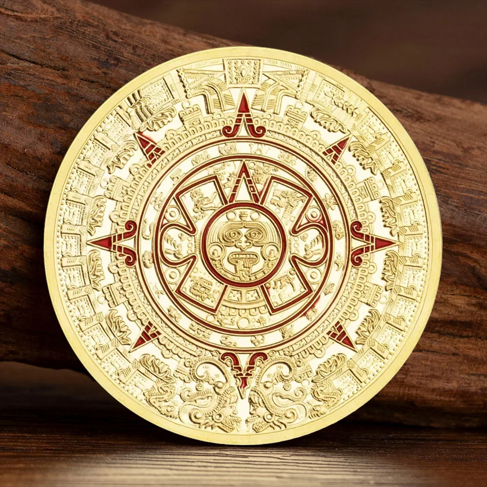 Gold Plated Mayan Aztec Calendar Memorial Coins Pyramid Mexican Crafts Commemorative Coin Badges Gifts