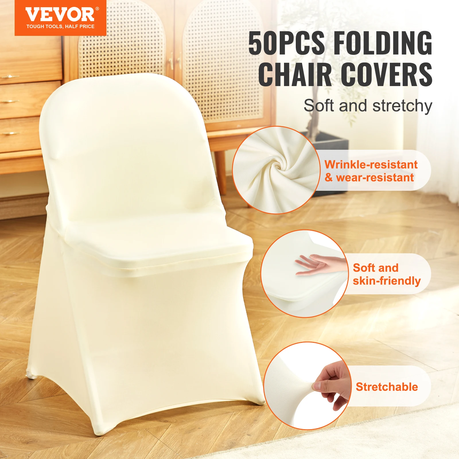 VEVOR 50PCS Ivory Stretch Spandex Folding Chair Covers Universal Fitted Chair Cover Removable Washable Protective Slipcovers