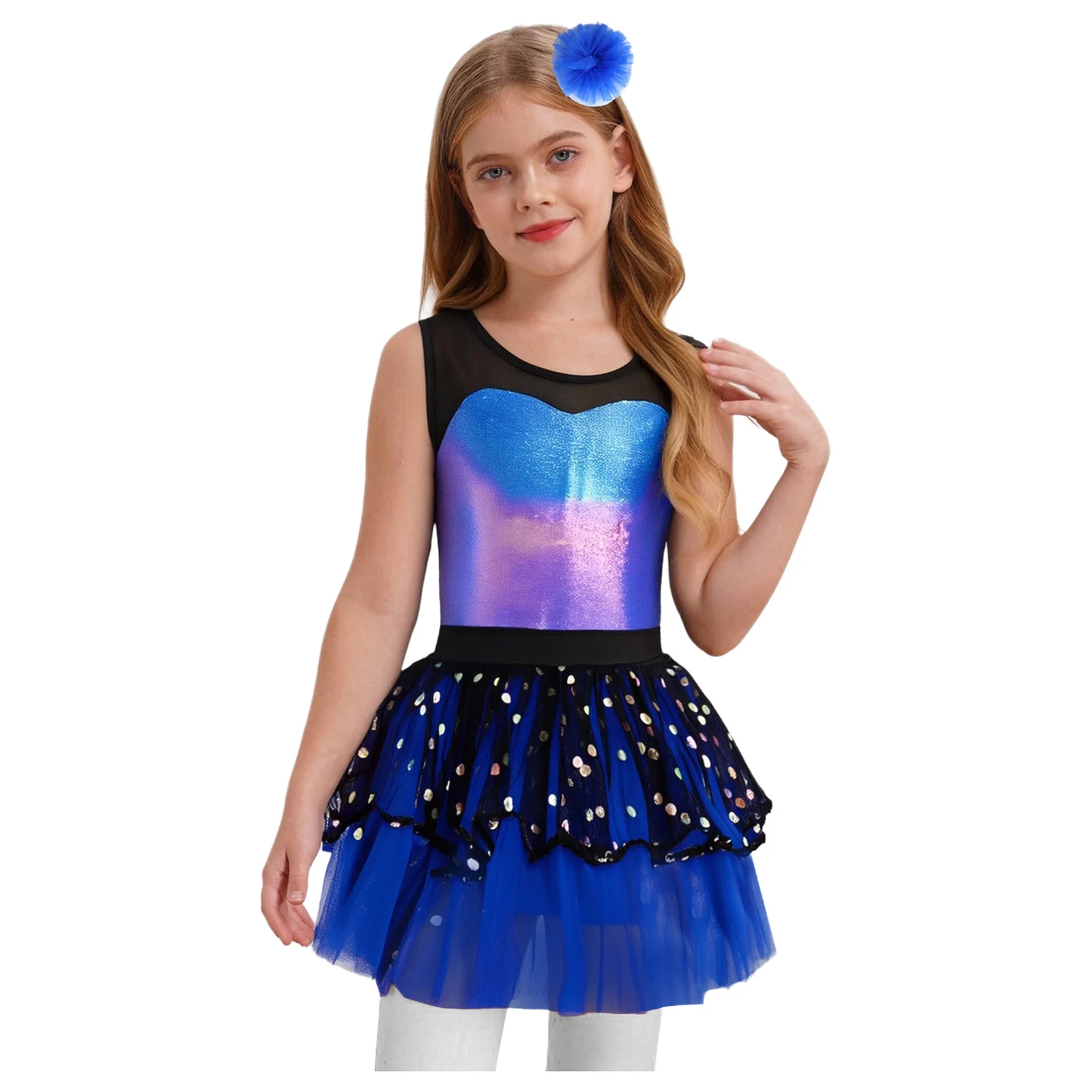 

Kids Girls Ballet Dresses Sleeveless Sheer Mesh Patchwork Metallic Bodice Tutu Dress+Headwear Set Jazz Dance Leotard Dress