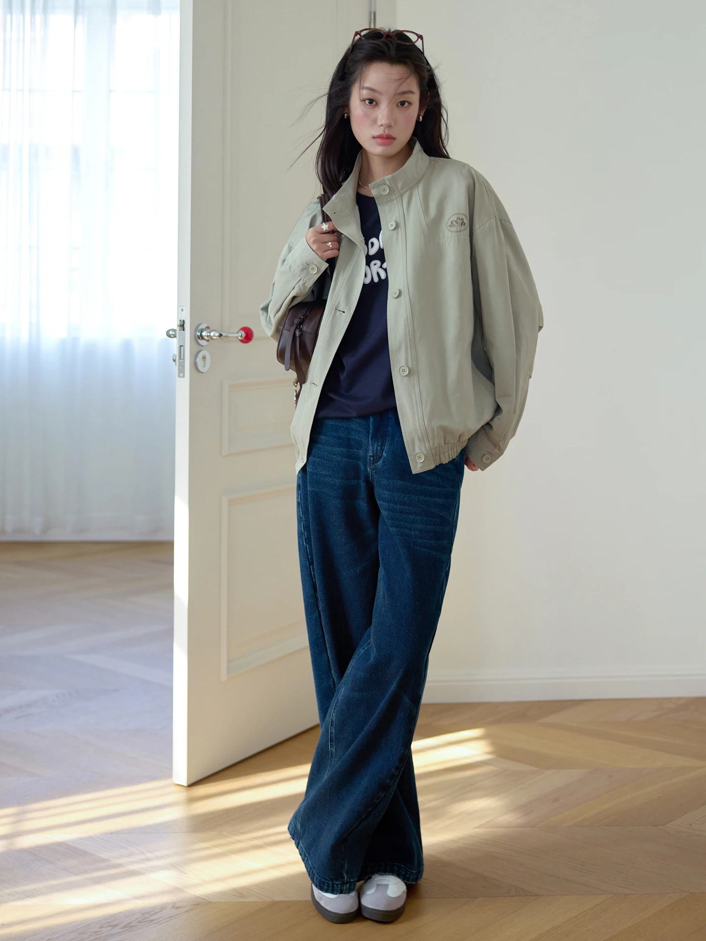 

Retro Khaki een Embroidered Stand Collar Jaet Loose Casual Women's Workwear Sle Spring Outerwear Zipper Closure Long Sl...