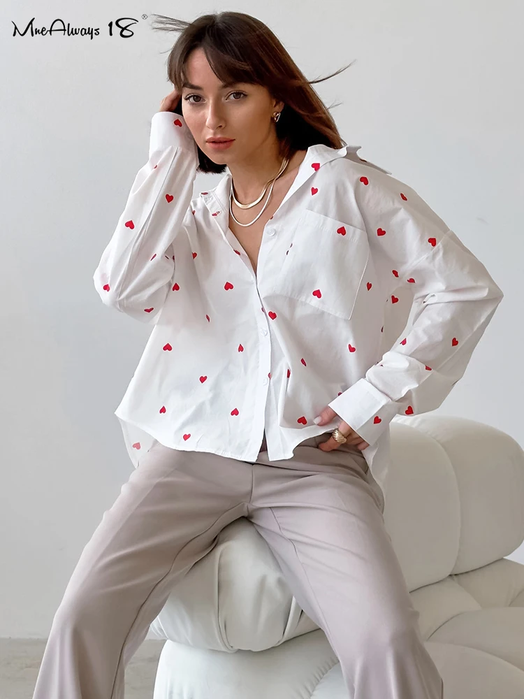 Mnealways18 Elegant Cotton Linen Printing Heart Shirt For Women Button Pockets Oversize Blouses And Tops Summer 2024 Causal Lady