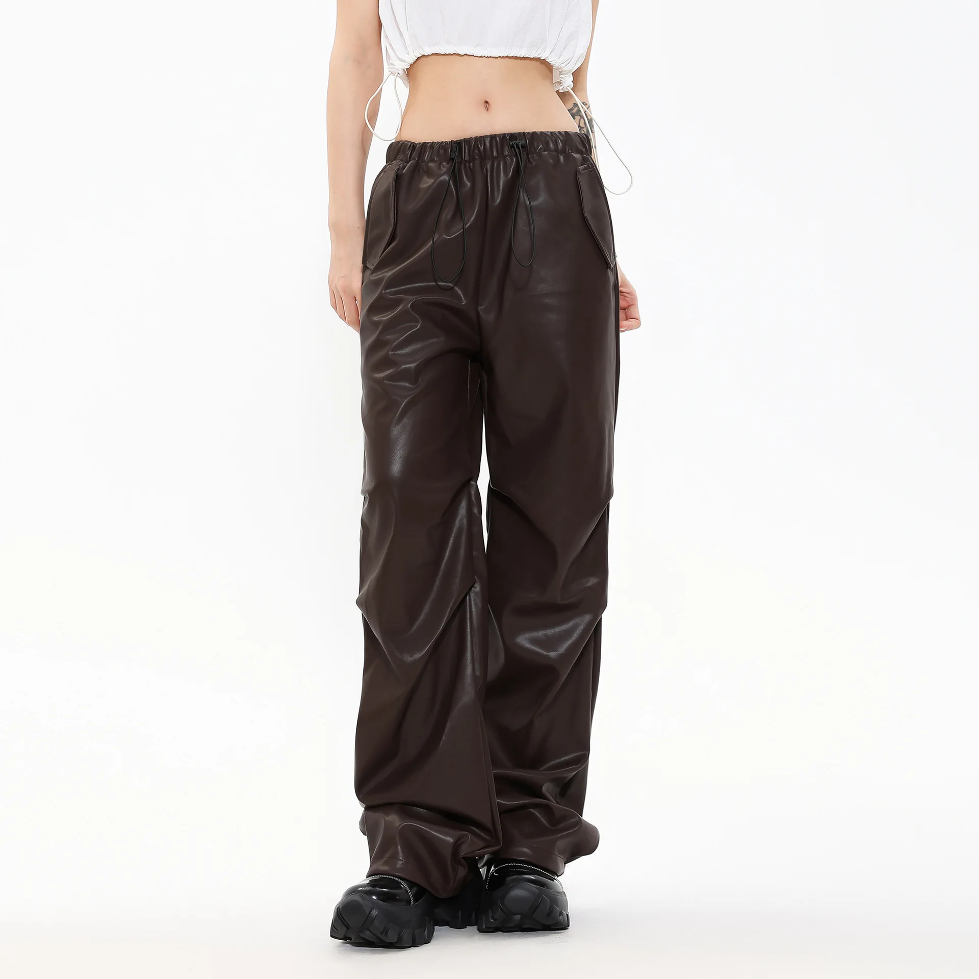 OR FL Women's American High Street Trendy Brand PU Skin Pants Wide Leg Baggy Design Sense Retro Functional Pants Trousers
