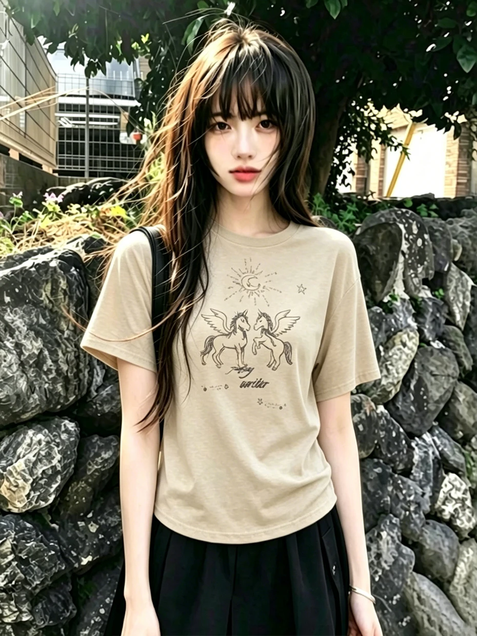 

Korean Style round Neck Short Sleeve T-Shirt Women's Loose Slimming Summer Top O-neck Printed Casual Comfortable Polyester