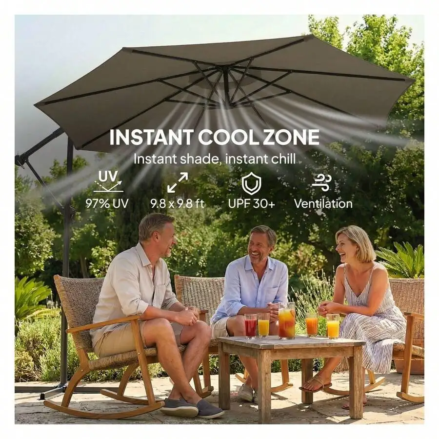 

10ft Offset Patio Umbrella With Cover Cantilever Outdoor Umbrella 360 Rotation Crank Tilt UV Protection Tan