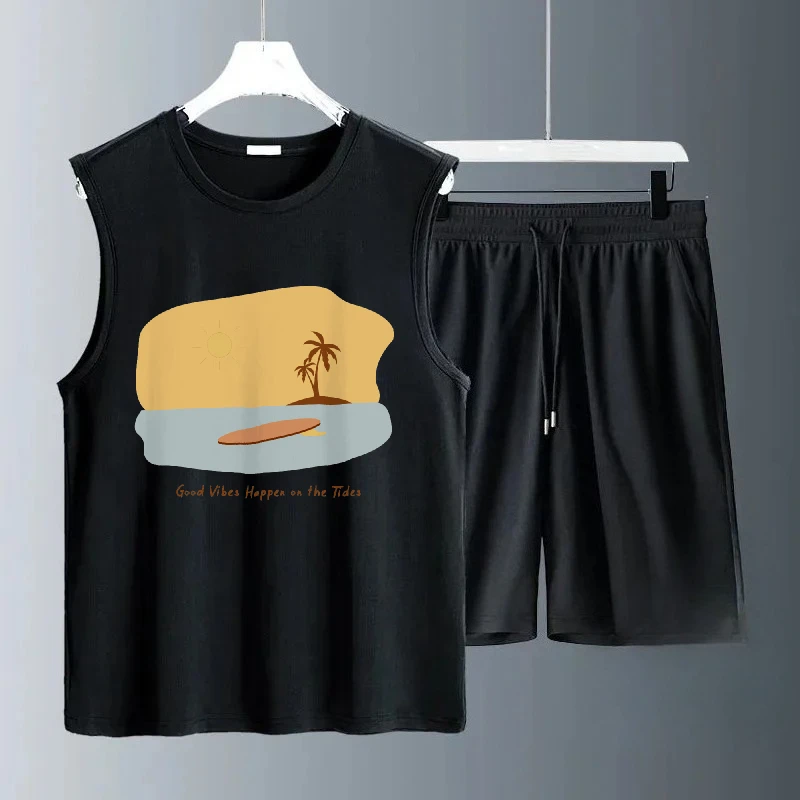 2025 الرجال عادية بلا أكمام الصيف الأصفر الكتابة على الجدران يطبع بواسطة البحر مجموعة خفيفة الوزن تنفس الدعاوى الفاخرة ملابس للرجال