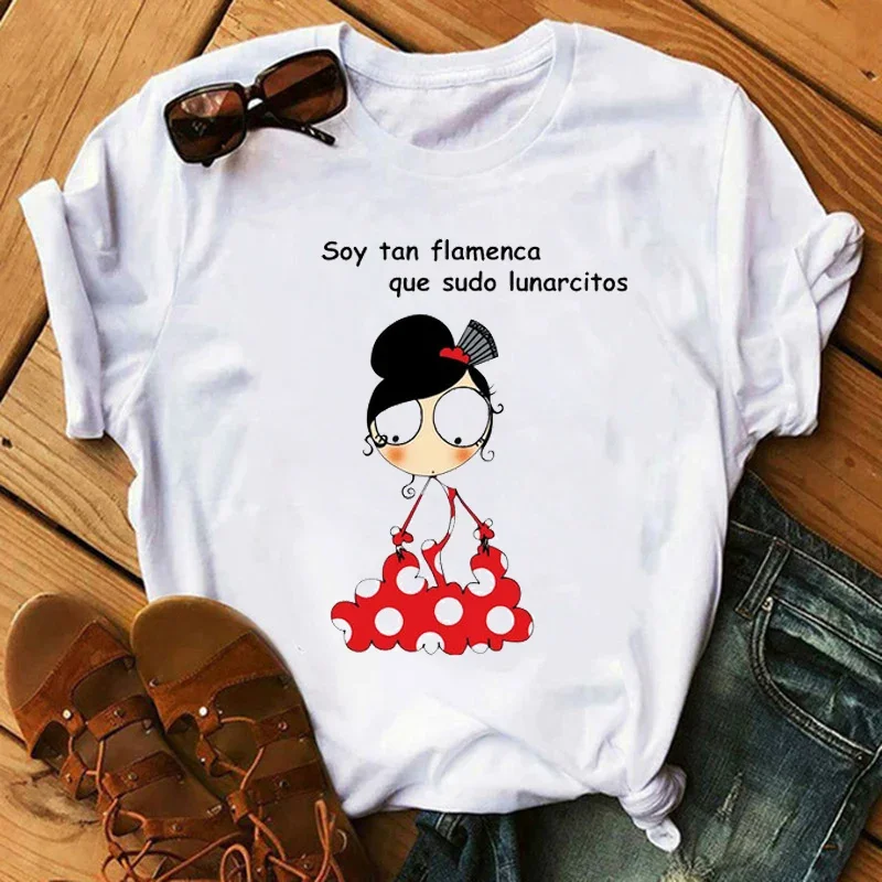 Damska koszulka Flamengo taniec kreskówka dziewczyna koszule z nadrukiem moda O-neck Femme tshirts śliczne topy koszulki damskie estetyczne ubrania