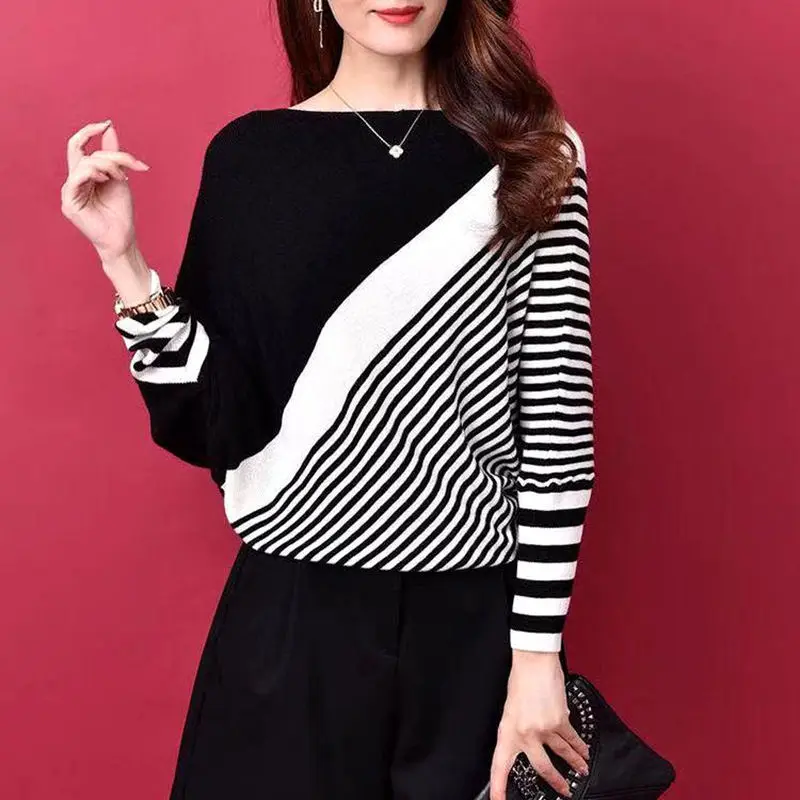 

Casual Loose Striped Batwing Sleeve Sweaters 2023 Autumn Winter Slash Neck Stylish Patchwork Screw Thread Asymmetrical Jumpers