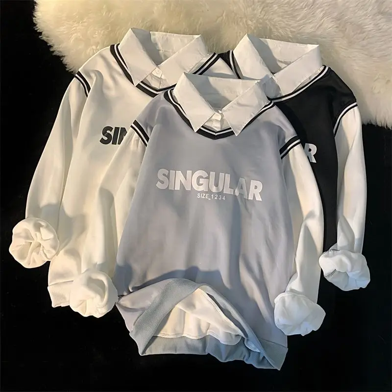 

Silver fox collar plus velvet sweatshirt for female students Korean version loose autumn letter warm college style bf trend y2k