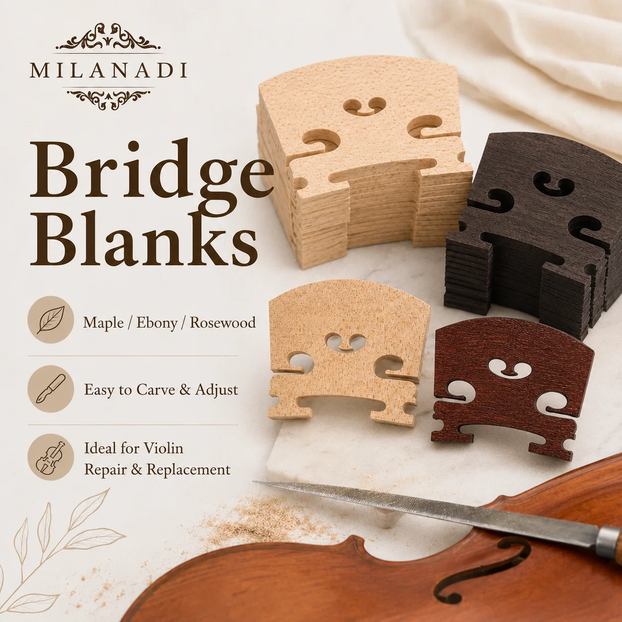 20pcs Assorted High Quality Standard Maple Wood Violin Bridge Fiddle String Classical Baroque Style Bridges Dried in the Open AI