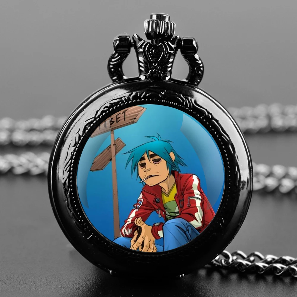 Music Band Gorillazs Punk Rock Quartz Pocket Watch Black Necklace Pendant Clock With Chain Clock Watch Jewelry Gift Accessories