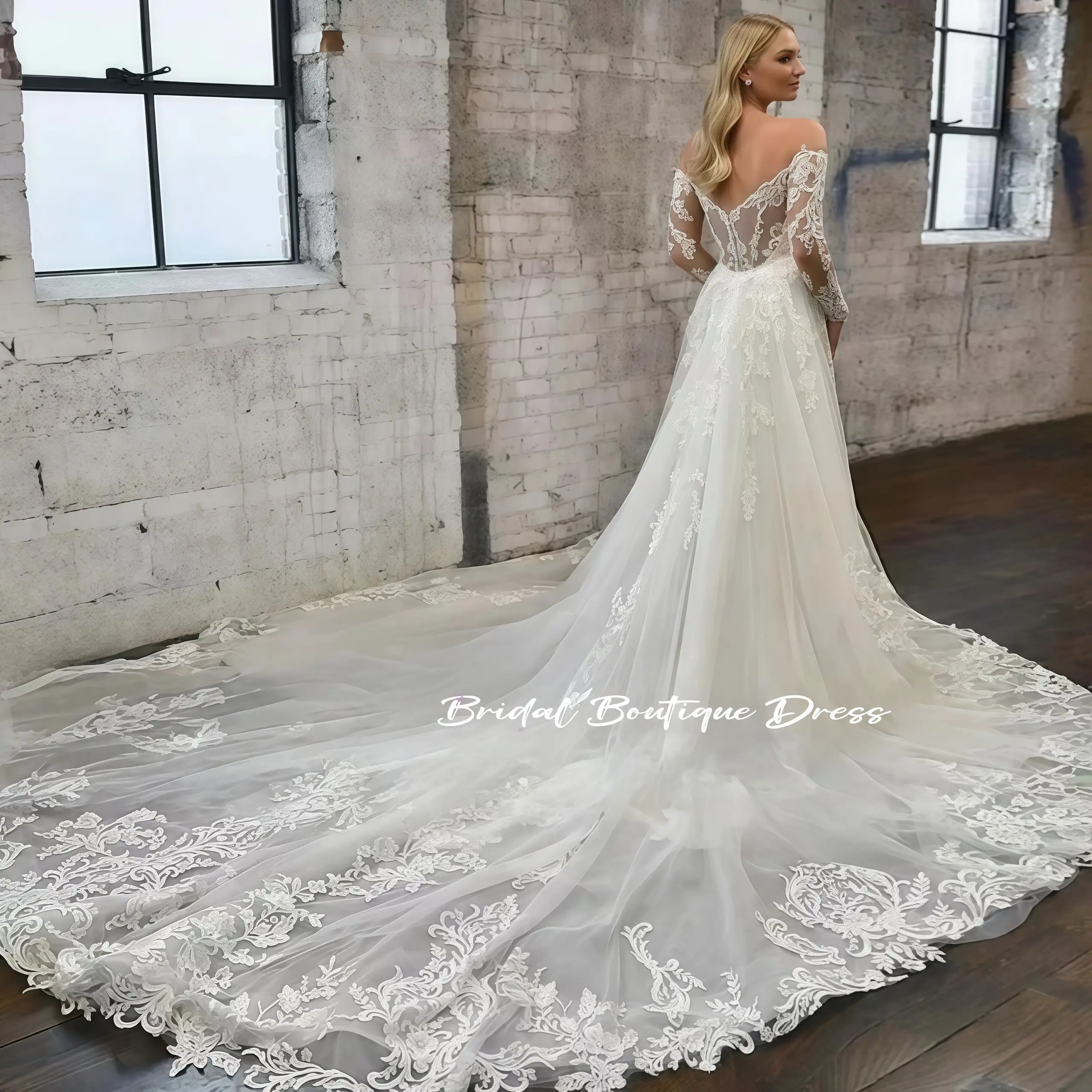 Abiti da sposa a sirena con spalle scoperte eleganti personalizzati Treno staccabile Maniche lunghe Appliques Abito Brial Vestido De Novia