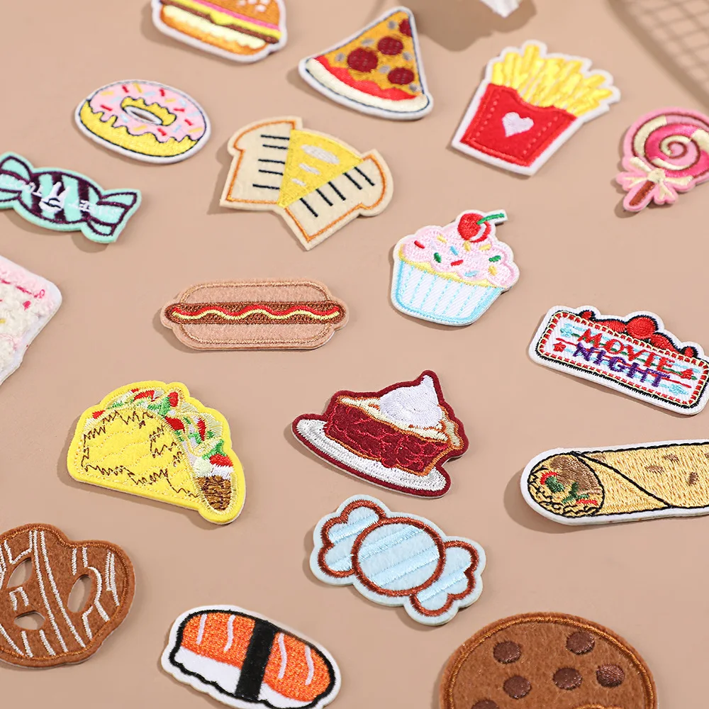 20pcs Cartoon Burger Fries Pizza Patches Stick on Baseball Patches Cake Dessert Candy Stickers for Jeans Clothes Bag Accessories