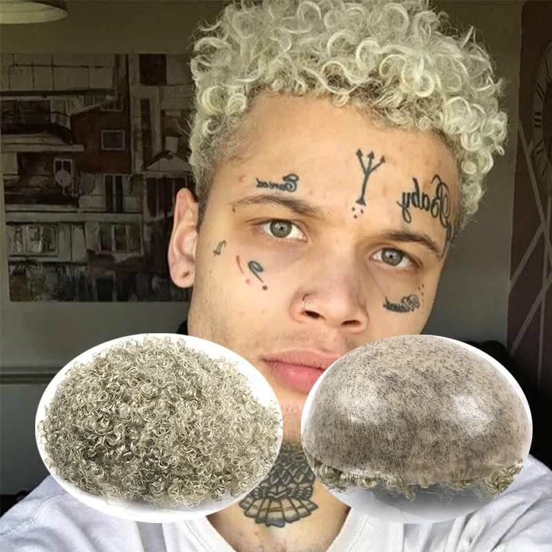 #1B80 Blonde Hair Full Skin Base Men Toupee 10mm Curly Human Hair Male Replacement System Afro Hairstyle For Yong Men