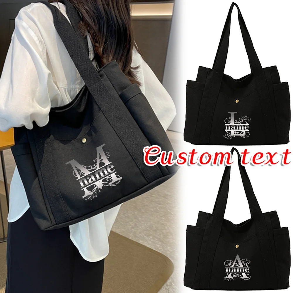 

Personalized Customization Name Women's Black Canvas Shoulder Bag Shopping Bag Commuting Handbag