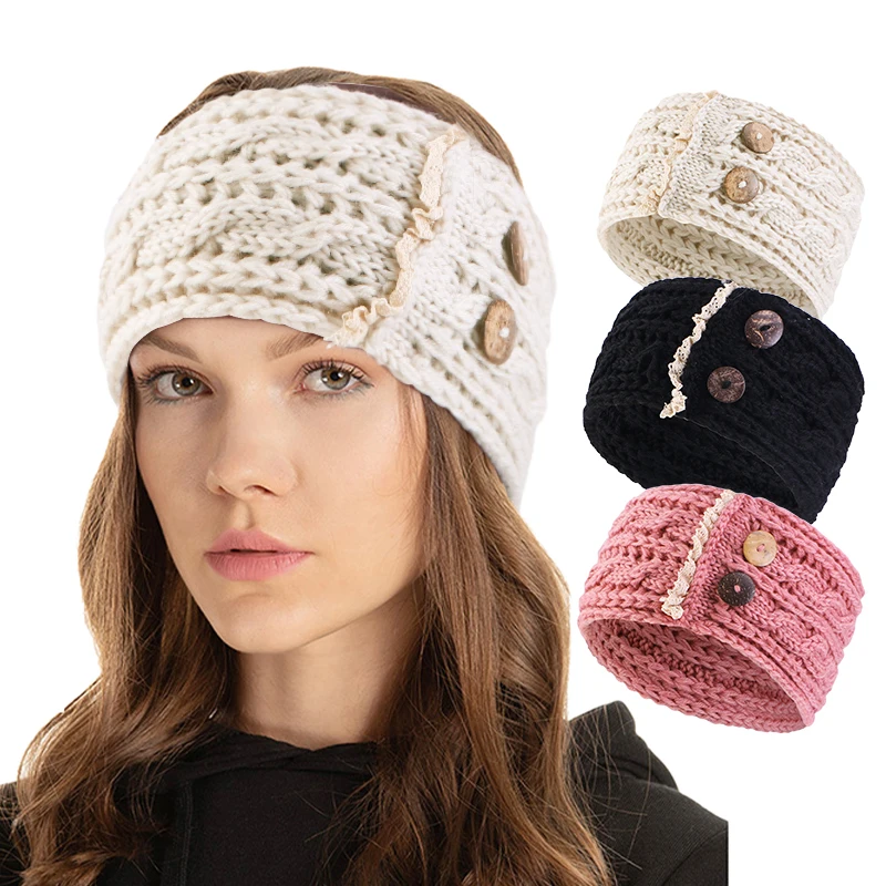 

New Women Winter Warm Wooden Button Twist Knitted Headband Handmade Elastic Turban Ear Warmer Hairbands Bandanas Hair Accessory