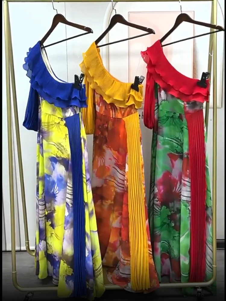 

Chiffon Long Dresses For Women Party Prom Birthday Evening Gowns African Dashiki Print Outfits One Shoulder Maxi Dress Clothing
