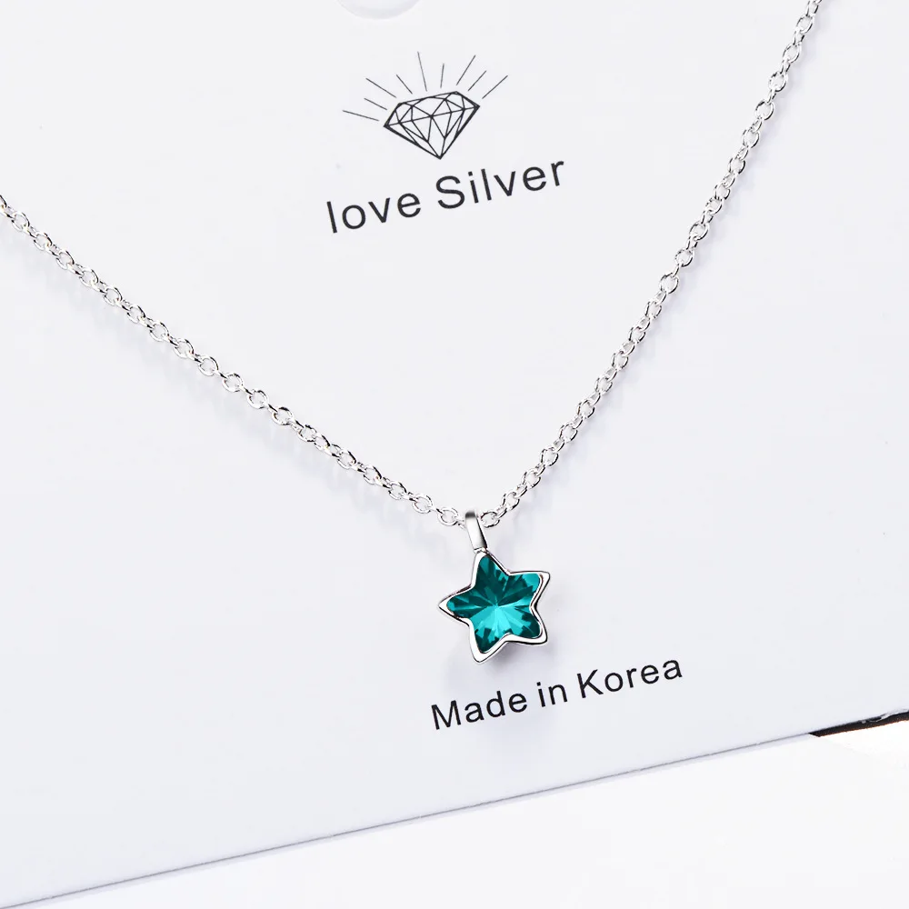 

925 Sterling Silver Blue Star Crystal Pendants Necklaces For Women Luxury Quality Jewelry Gift Female GaaBou