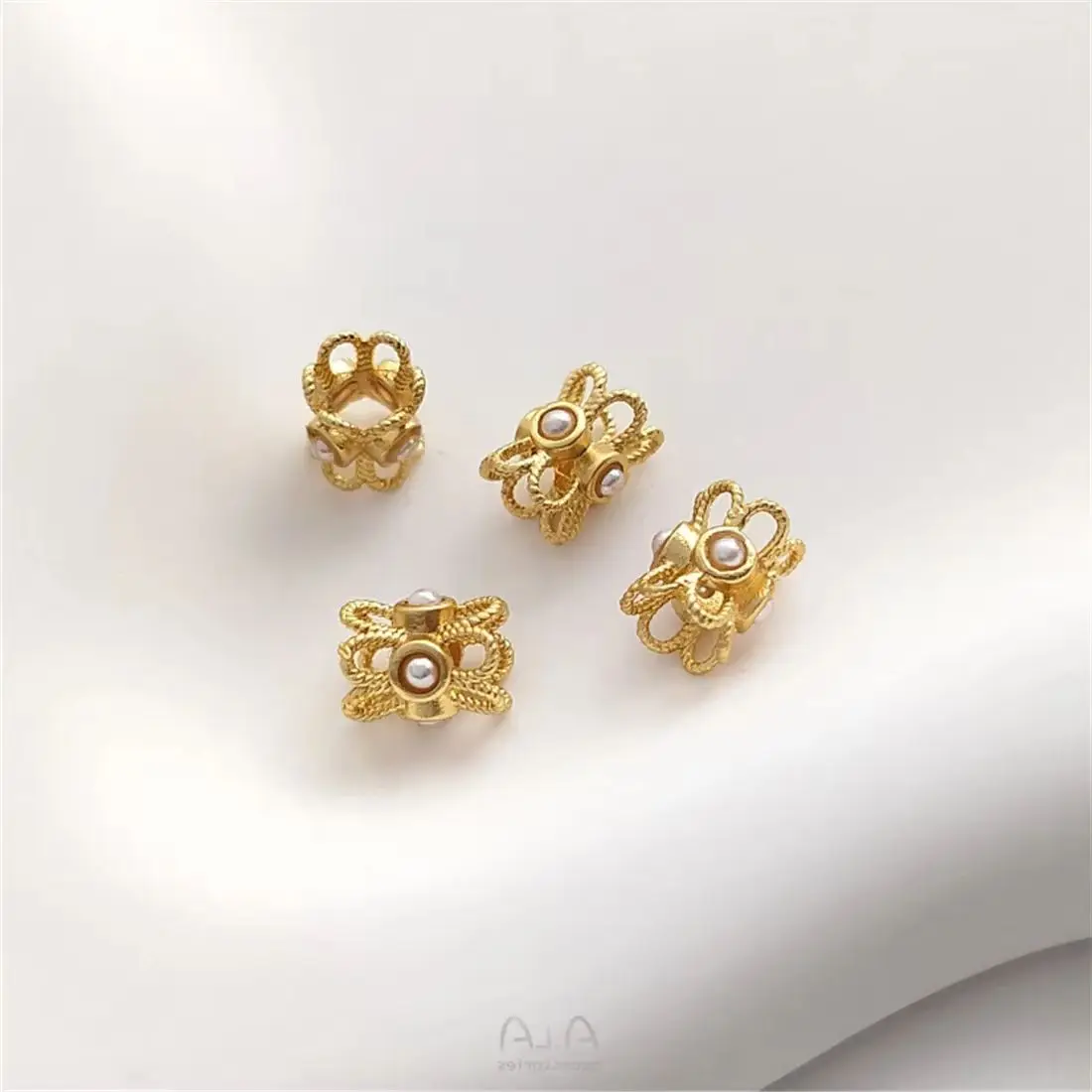 Copper Matte Gold Inlay Imitation Pearl Flower Shape, Large Hole Ring Beads, Double-sided Flower Holder, DIY Jewelry Accessories