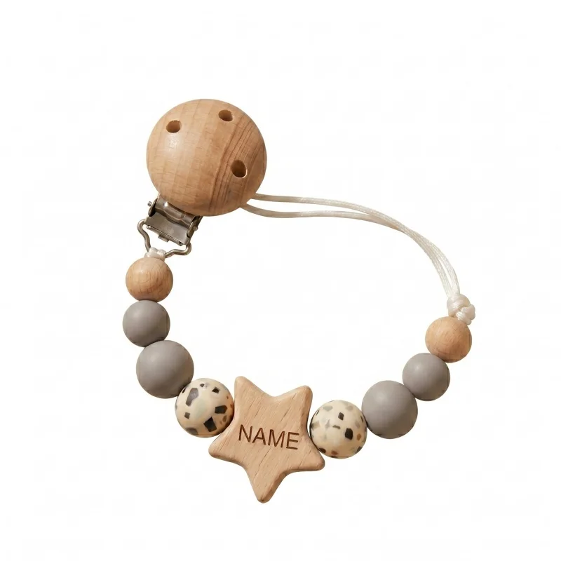 2026 Custom Engraved Name Baby Pacifier Clip Personalized Font Wood Silicone Bead Dummy Chain Teether Pendant Newborn Gift image 6
