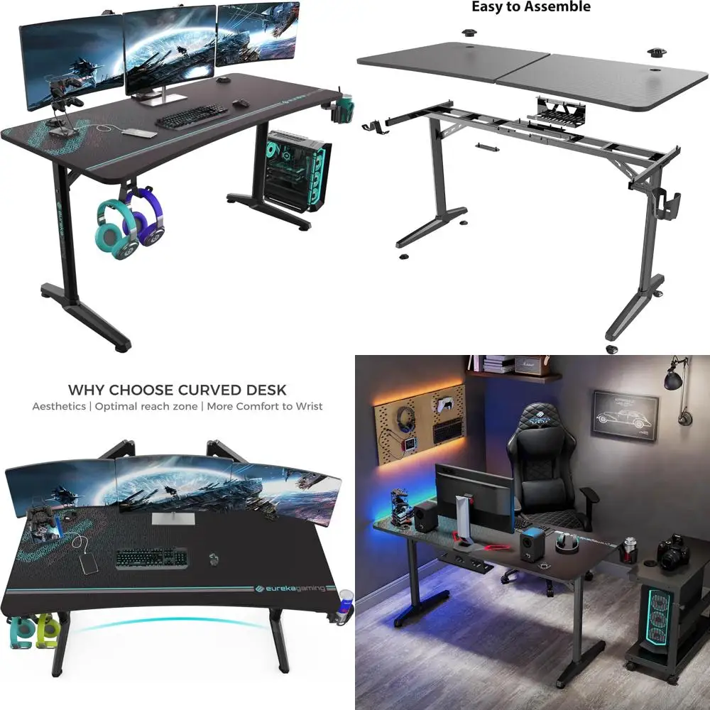 Ergonomischer 60-Gaming-Schreibtisch mit integriertem Mauspad, geräumiger, gebogener Büroschreibtisch für dreifaches Monitor-Setup und Getränkehalter