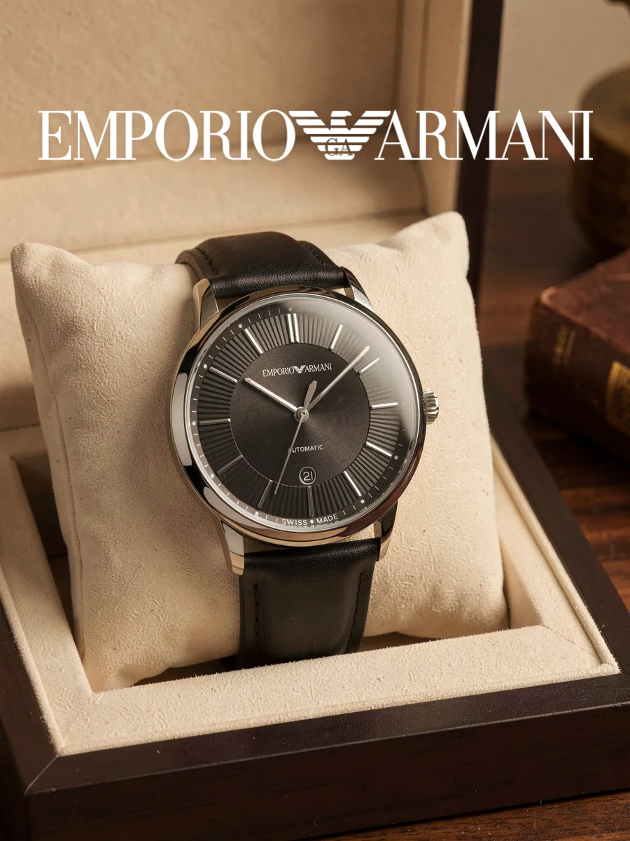 Emporio Armani ARS5100 Men's Automatic Watch Silver Case Black Leather Strap Black Sunburst Dial Date Business Formal Watch