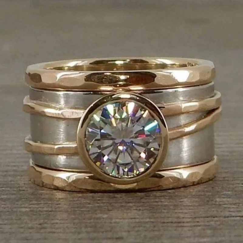 Wunderschöner Damenring mit eingelegten weißen Zirkonia-Steinen, trendiger zweifarbiger handgeschnitzter Schmuck für den Alltag, Partys und als Jubiläumsgeschenk.