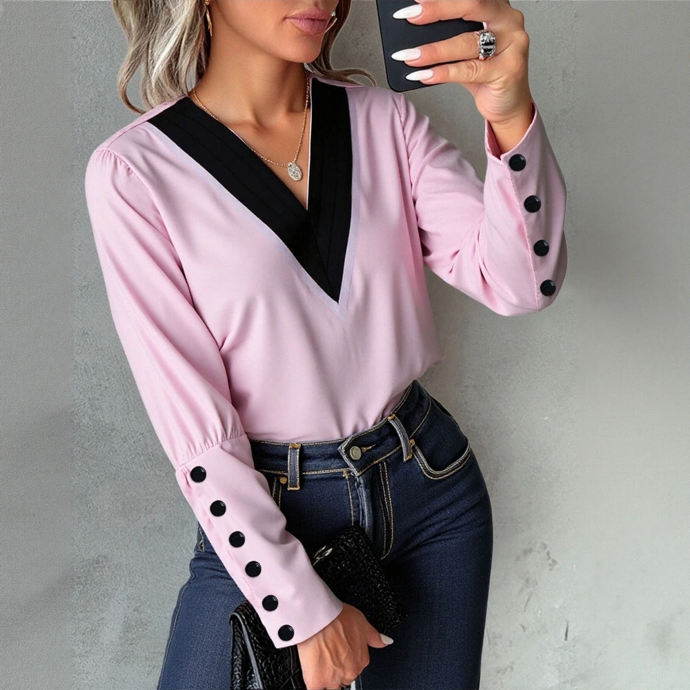 

Женская осенняя блузка, элегантный офисный женский топ с v-образным вырезом и пуговицами на пуговицах, контрастного цвета, повседневная модная маленькая рубашка