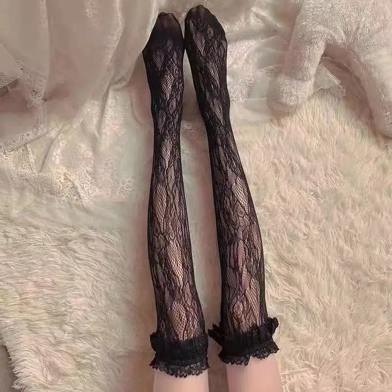 Spring/Autumn Thin Lace Hollow White Thigh High Lolita Socks for Women JK Cute Black Long Stockings image 4