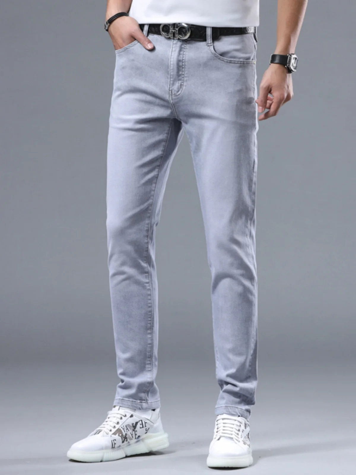 

Высококачественные легкие серые джинсы из денима для мужчин: модные, брендовые, весенне-осенние, эластичные, облегающие, повседневные, зауженные к низу, длинные брюки