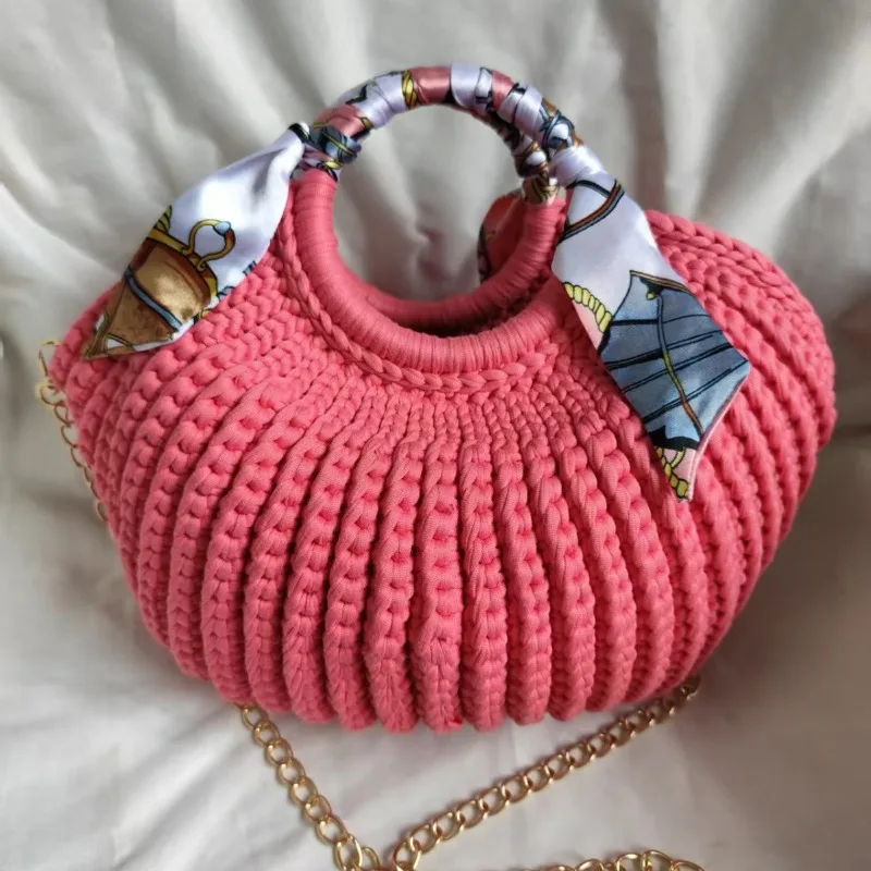 2026 Fashionable and Simple Handmade Crochet HandBag Vintage Ring Handle Women's Soft Shell Shape Bag with Gold Chain Strap