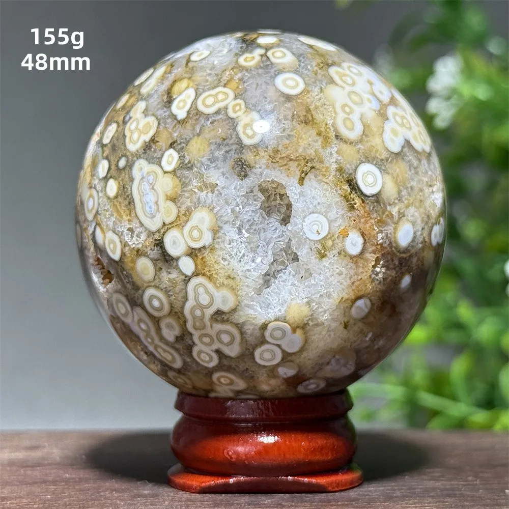 Natural Mineral Gem Ocean Jasper Ball Crystal Cave Quartz Energy Healing Meditation Witchcraft Home Decoration Gift+Base