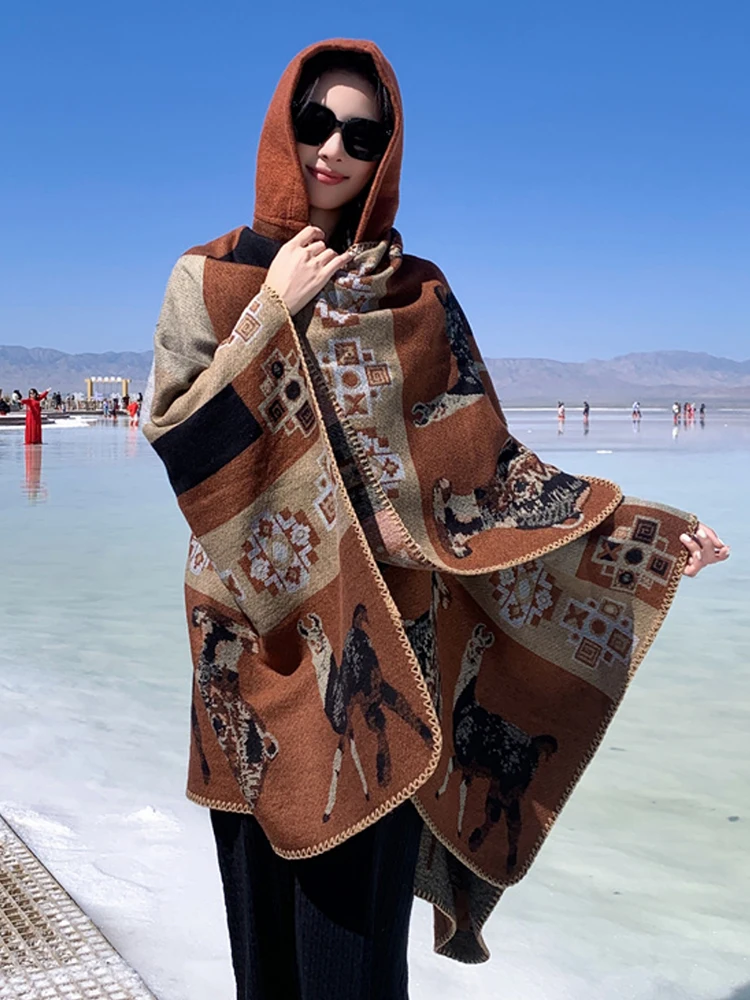 Winter Women Hooded Scarf Layers Poncho Elegant Lady Plaid Animal Print Wraps Shawl Warm Scarve Capa Para Mujer Pashmina Cloak