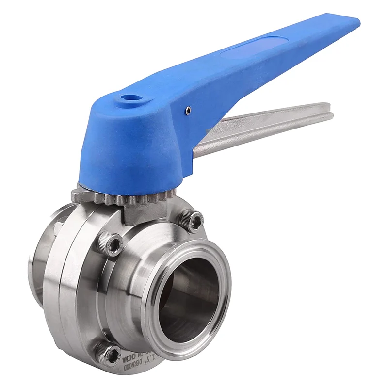 A21R-Butterfly Valve With Blue Trigger Handle Stainless Steel 304 Tri-Clamp