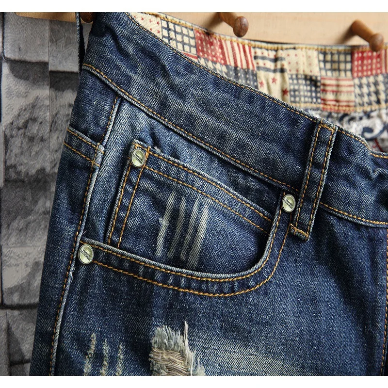 2024 High Street Fashionable Ripped Denim Shorts Men's Summer Street Cool Retro Nostalgic Motorcycle Shorts