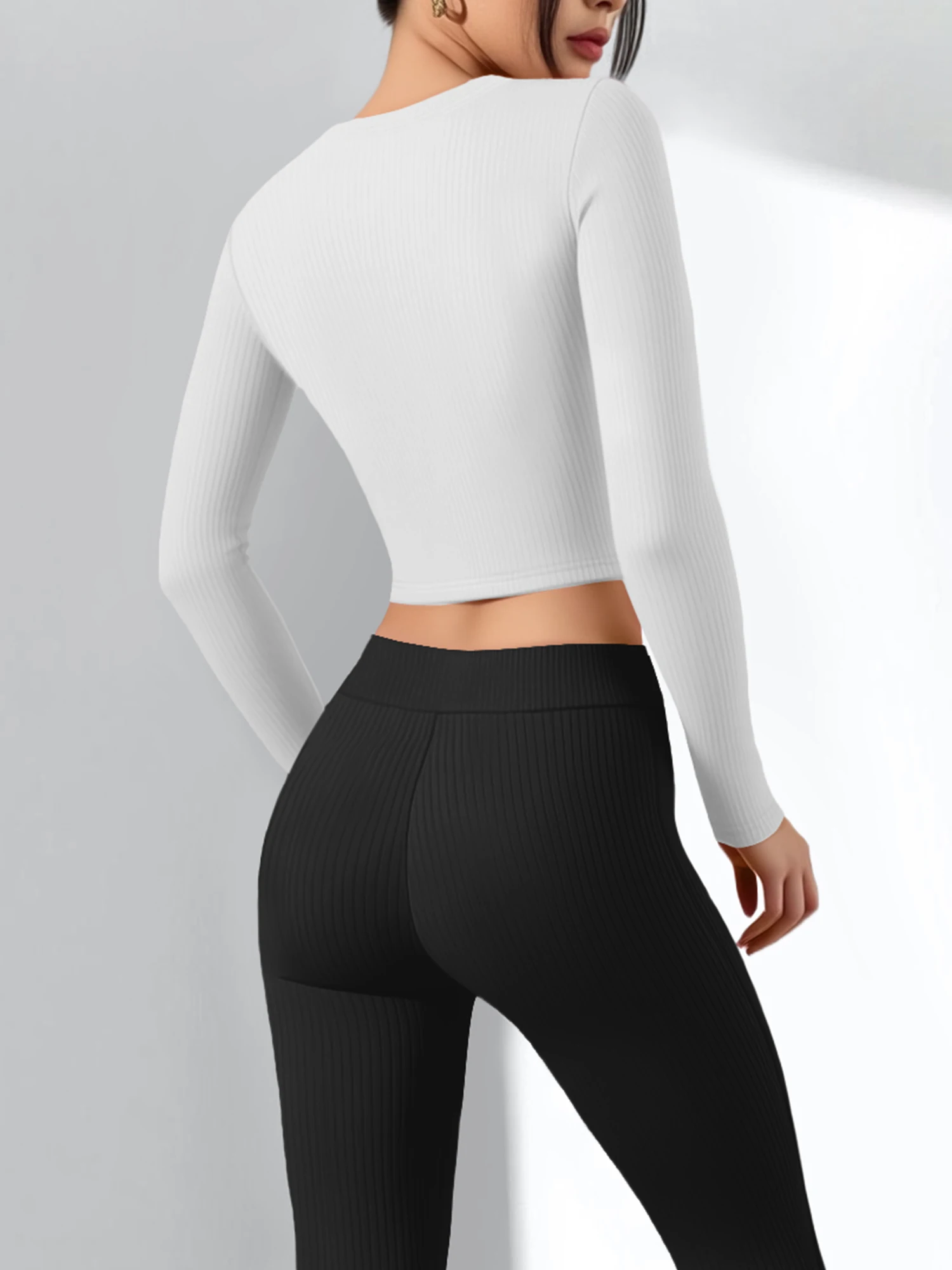 Y2K Retro Slimming Ribbed Cropped Blouse Women Big U Neck Long Sleeve Elastic Knit Club Party Tops