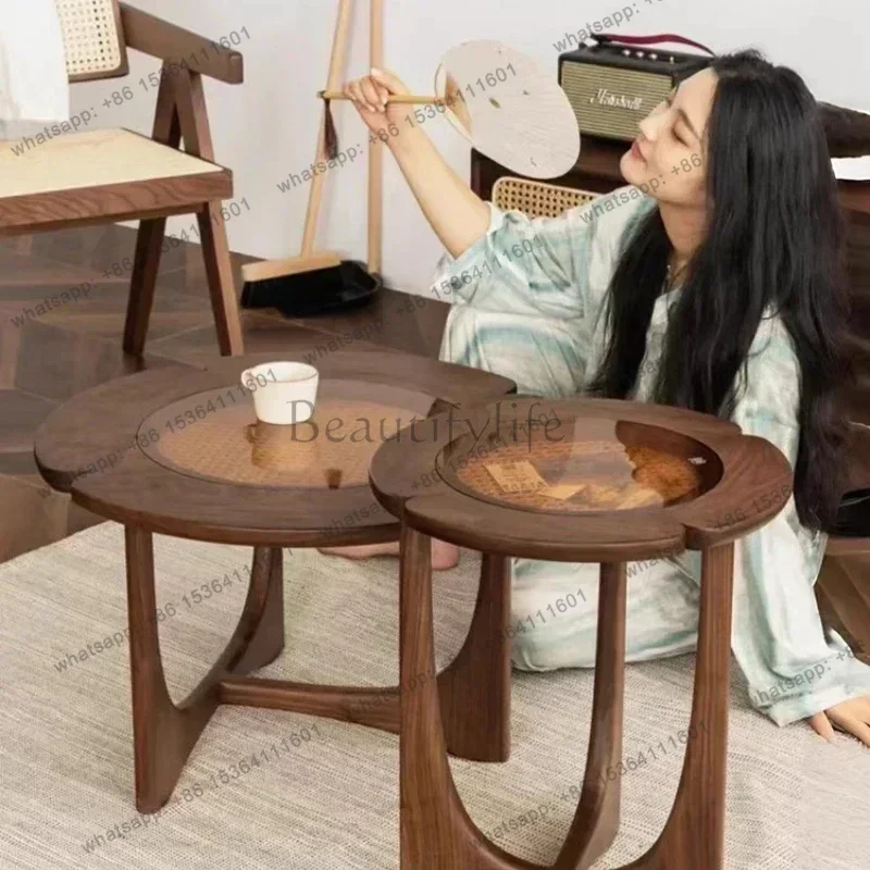 YJ Home Northern Europe Cheap French Retro Solid Wood Glass Coffee Tables Side Coffee Table Living Room Home Desk Side Table Set