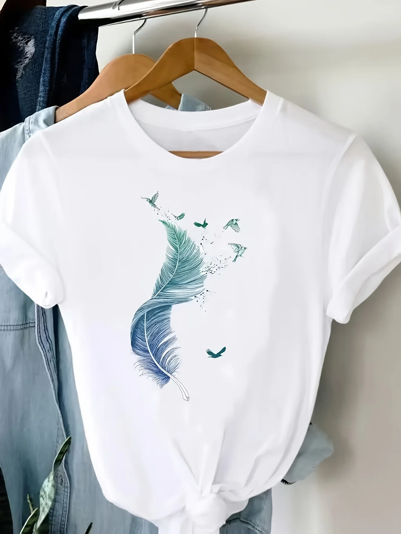 Boho Chic Feather & Bird Graphic Tee Women’s Short Sleeve Summer Top White Crew Neck T-Shirt with Blue Feather Painting